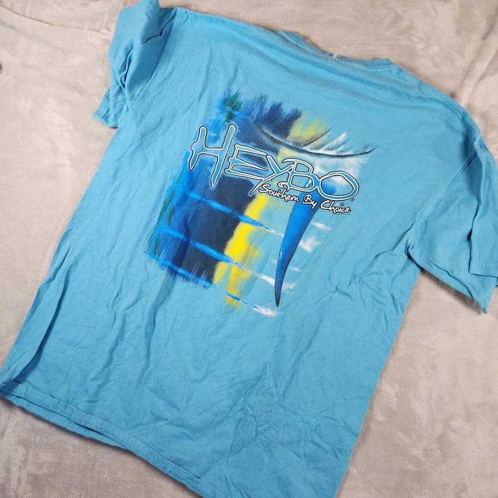 Heybo Fishing Graphic T-Shirt L Men's Casual‎ Cotton Marlin Logo Blue Fishing
